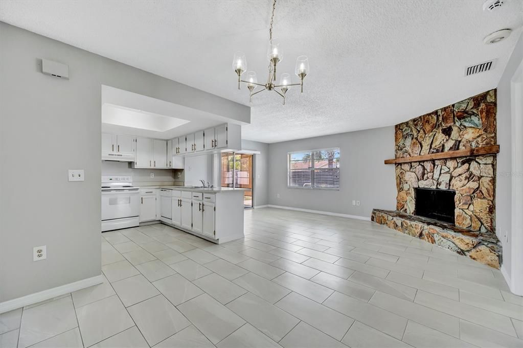 Chandelier, Empty room, Fireplace, Interior, Kitchen