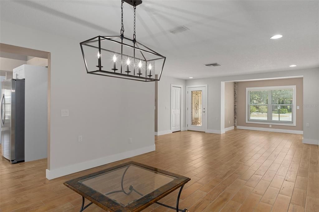 Empty room, Interior, Pendant Lights, Recessed Lighting, Wood Texture Flooring