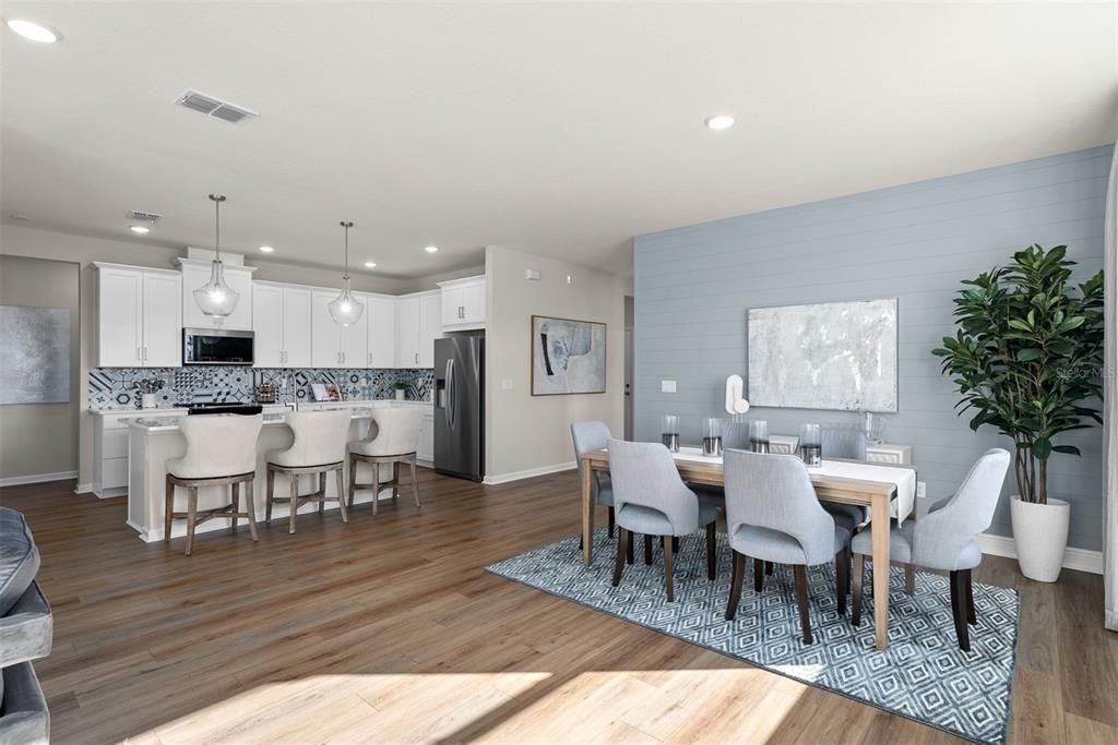 Dining room, Interior, Kitchen, Pendant Lights, Recessed Lighting, Stainless Steel Appliances, Wood Texture Flooring