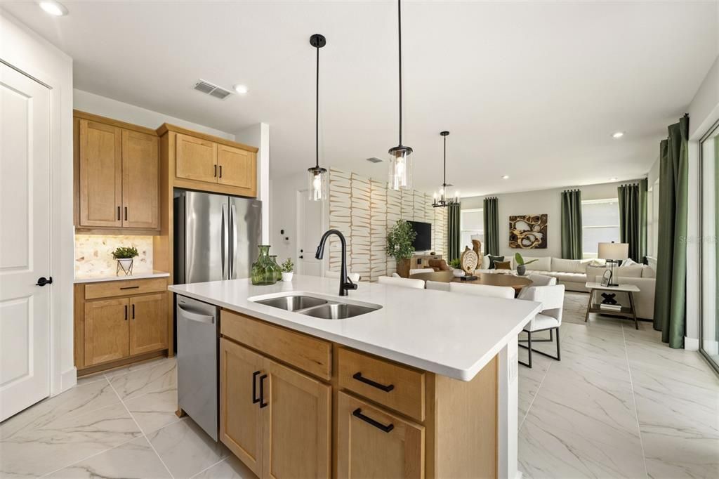 Dining room, Interior, Kitchen, Living room, Marble, Pendant Lights, Recessed Lighting, Stainless Steel Appliances
