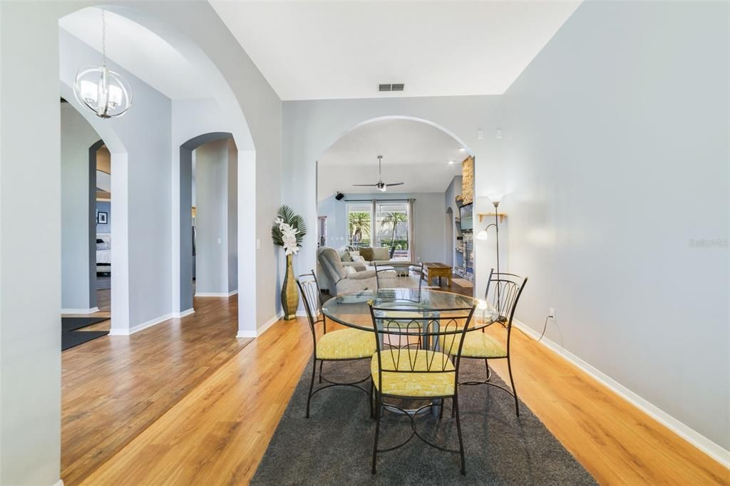 Dining room, Interior, Living room, Pendant Lights, Wood Texture Flooring