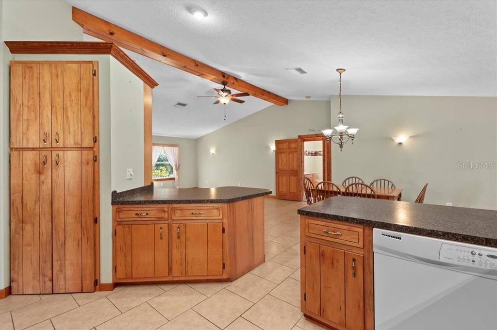 Chandelier, Dining room, Interior, Kitchen, Recessed Lighting, Wooden Beams