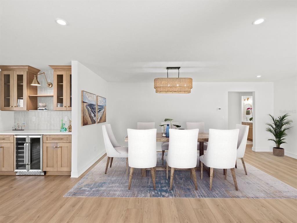 Chandelier, Dining room, Interior, Kitchen, Recessed Lighting, Wood Texture Flooring