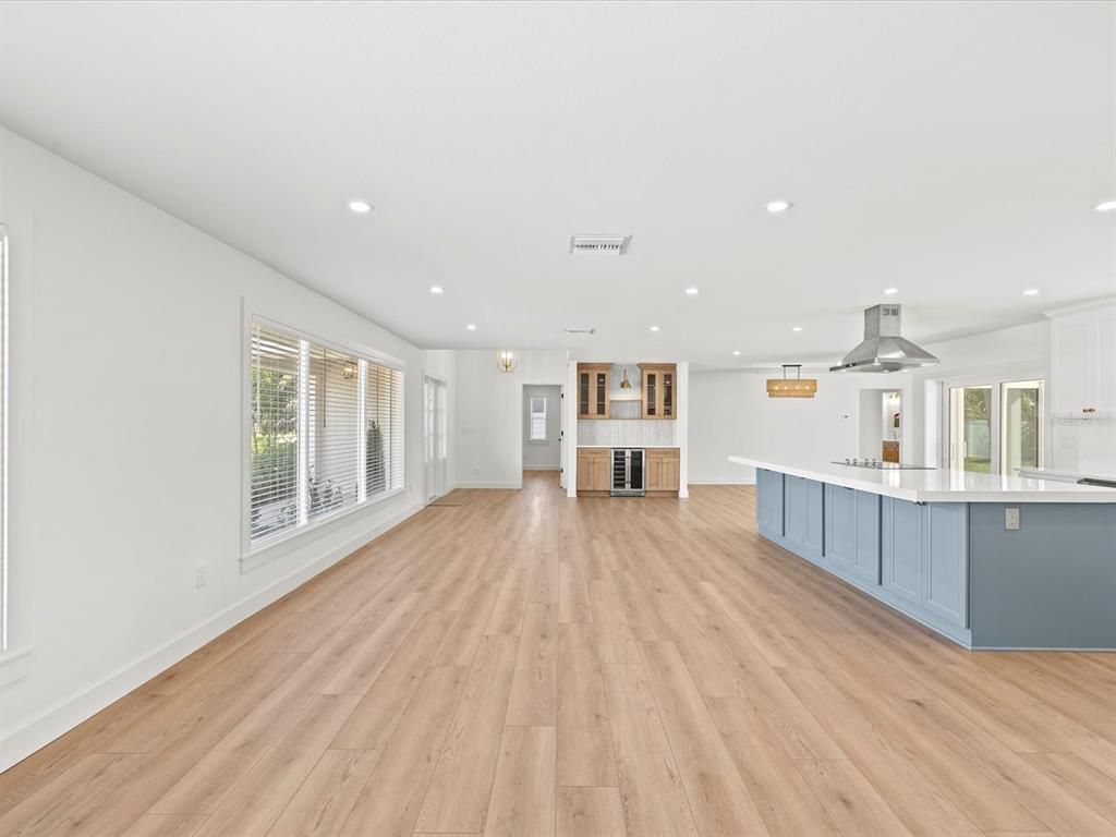 Empty room, Interior, Kitchen, Pendant Lights, Recessed Lighting, Wood Texture Flooring