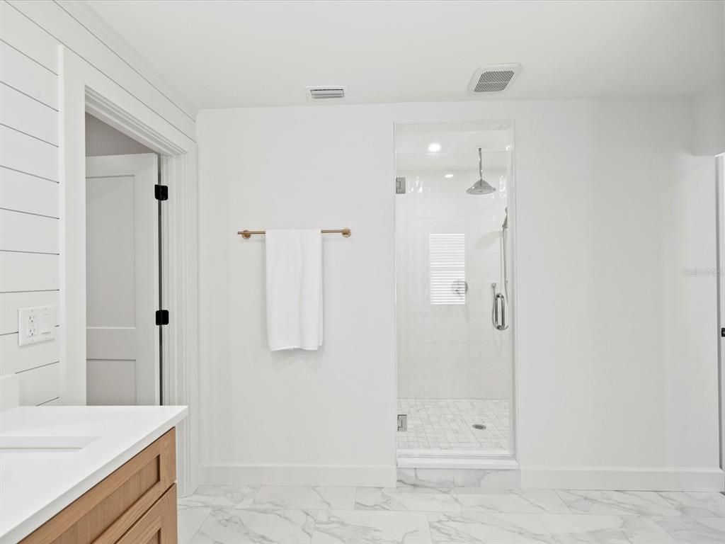 Bathroom, Glass Shower, Interior, Marble, Recessed Lighting