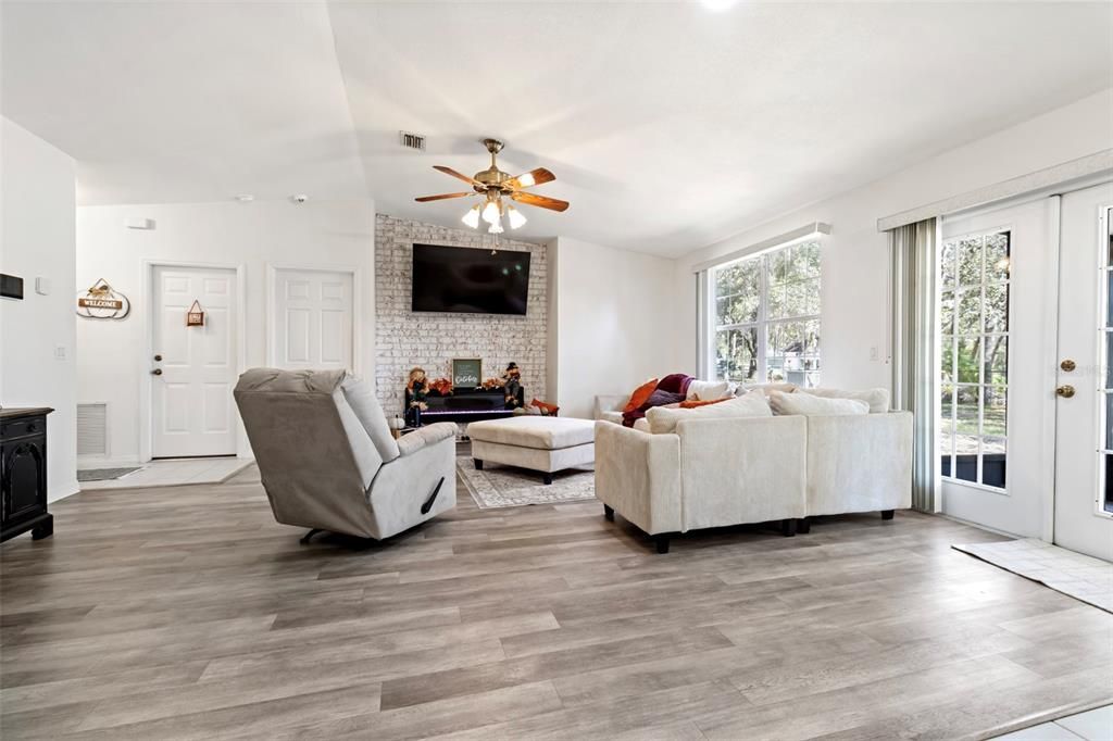 Fireplace, Interior, Living room, Stone Walls, Wood Texture Flooring