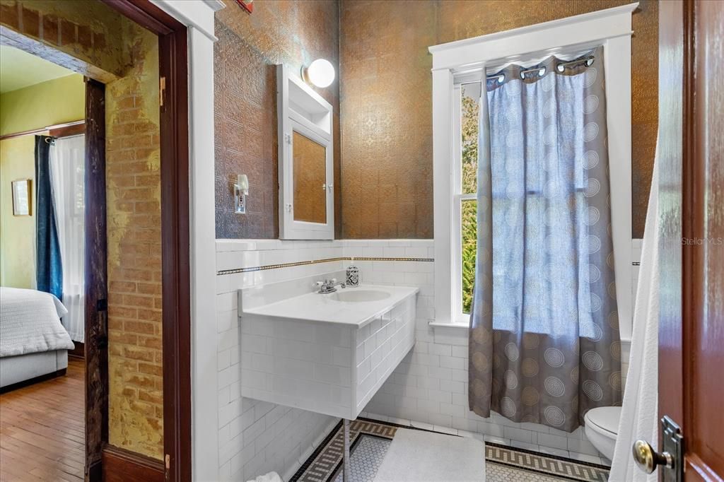 Bathroom, Interior, Stone Walls, Wood Texture Flooring