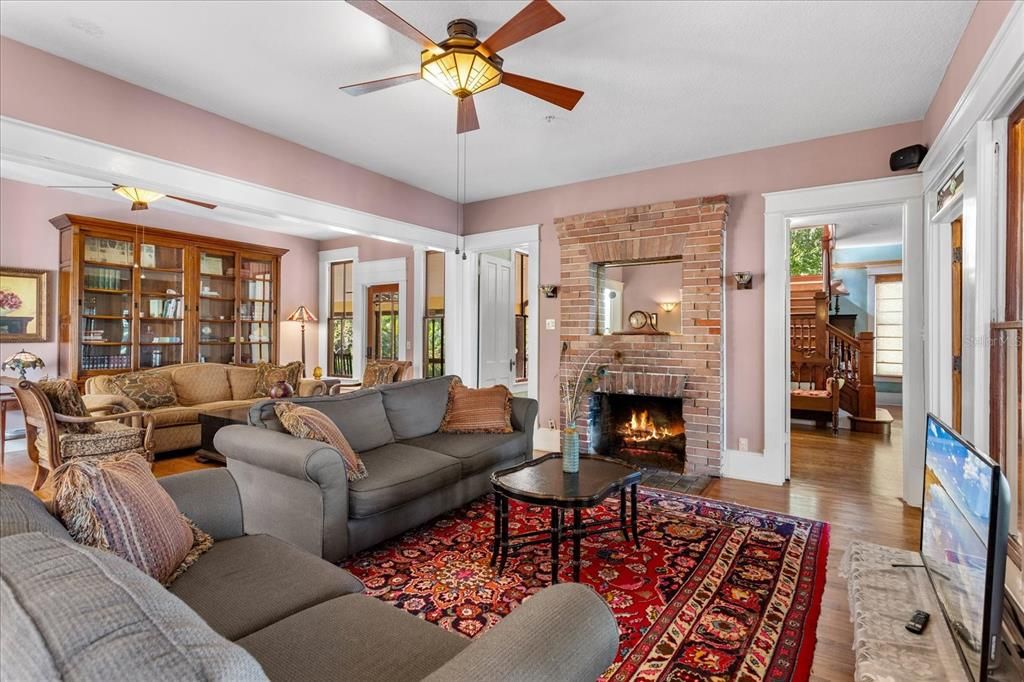 Fireplace, Interior, Living room, Stone Walls, Wood Texture Flooring