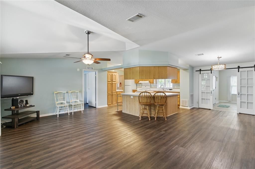 Interior, Kitchen, Pendant Lights, Wood Texture Flooring