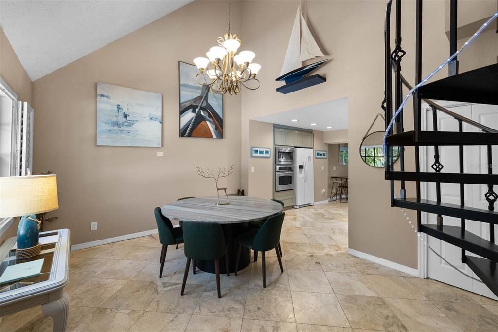 Chandelier, Dining room, Interior, Kitchen, Recessed Lighting, Stainless Steel Appliances