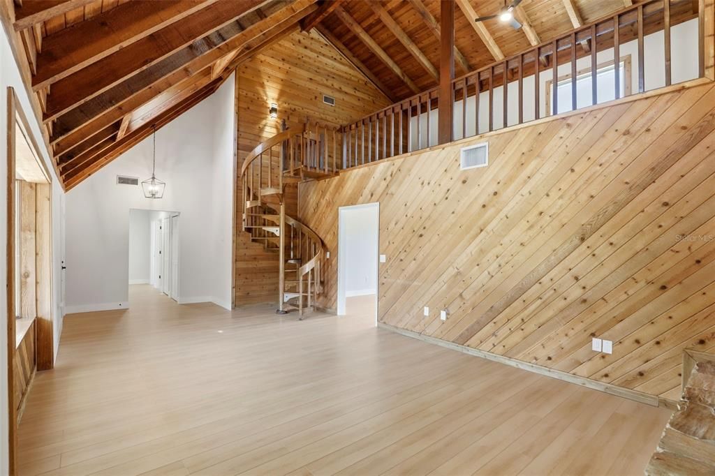 Empty room, Interior, Pendant Lights, Wooden Beams, Wooden Ceilings, Wood Texture Flooring, Wooden Walls