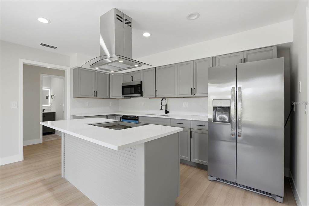 Interior, Kitchen, Recessed Lighting, Stainless Steel Appliances, Wood Texture Flooring