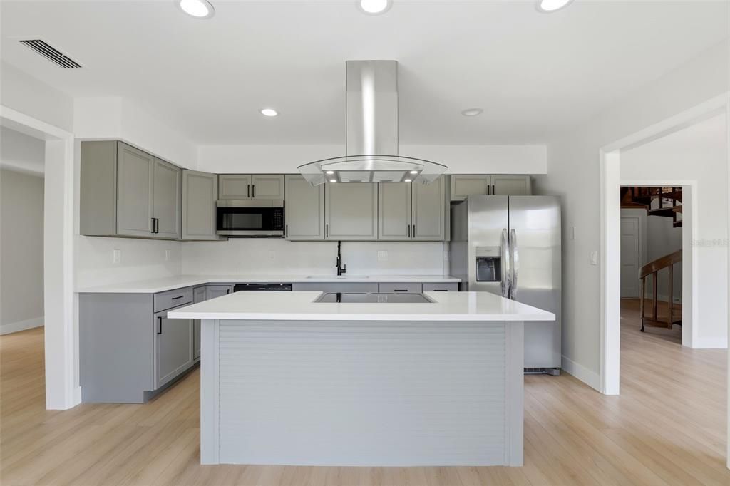 Interior, Kitchen, Recessed Lighting, Stainless Steel Appliances, Wood Texture Flooring
