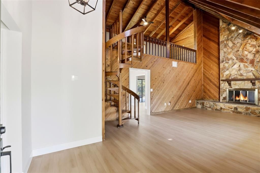 Chandelier, Fireplace, Interior, Stone Walls, Wooden Beams, Wooden Ceilings, Wood Texture Flooring, Wooden Walls