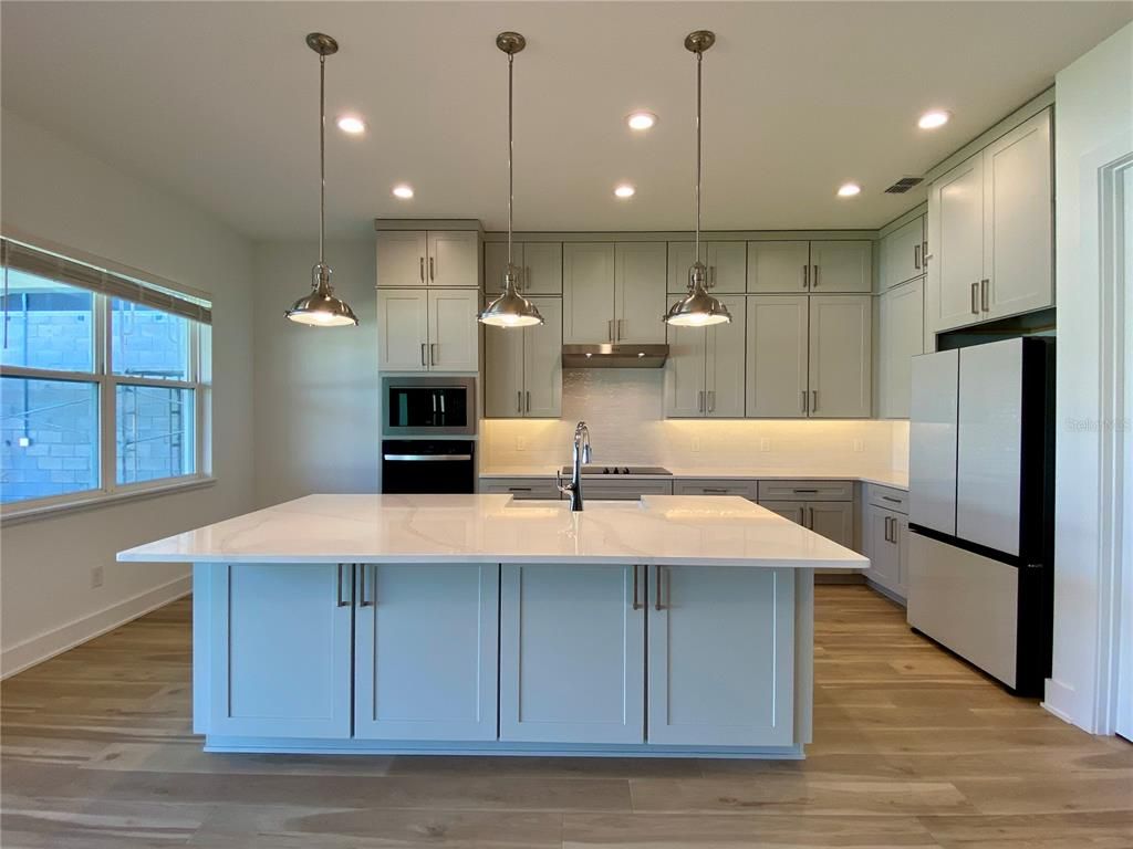 Interior, Kitchen, Pendant Lights, Recessed Lighting, Stainless Steel Appliances, Wood Texture Flooring