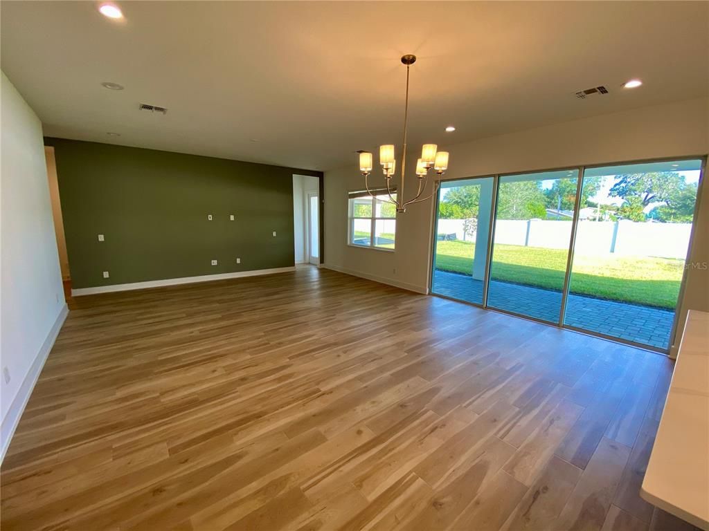 Empty room, Interior, Pendant Lights, Recessed Lighting, Wood Texture Flooring