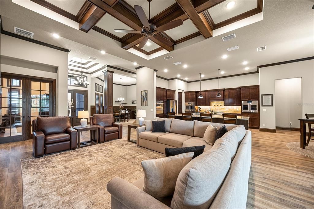 Interior, Kitchen, Living room, Pendant Lights, Recessed Lighting, Stainless Steel Appliances, Wooden Beams, Wood Texture Flooring