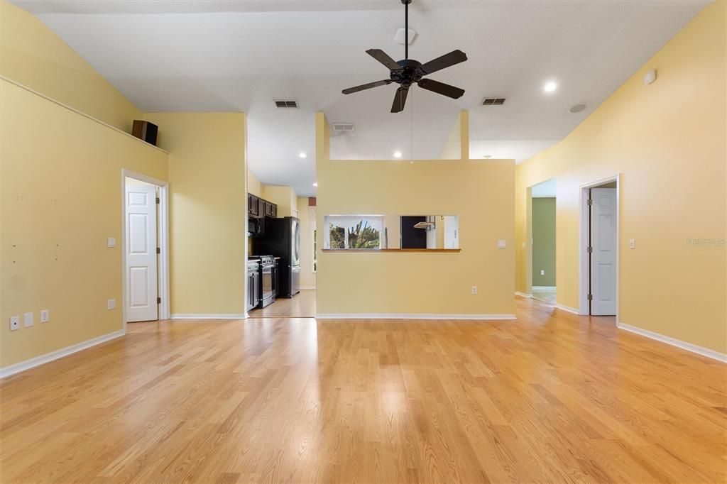 Empty room, Interior, Kitchen, Recessed Lighting, Wood Texture Flooring