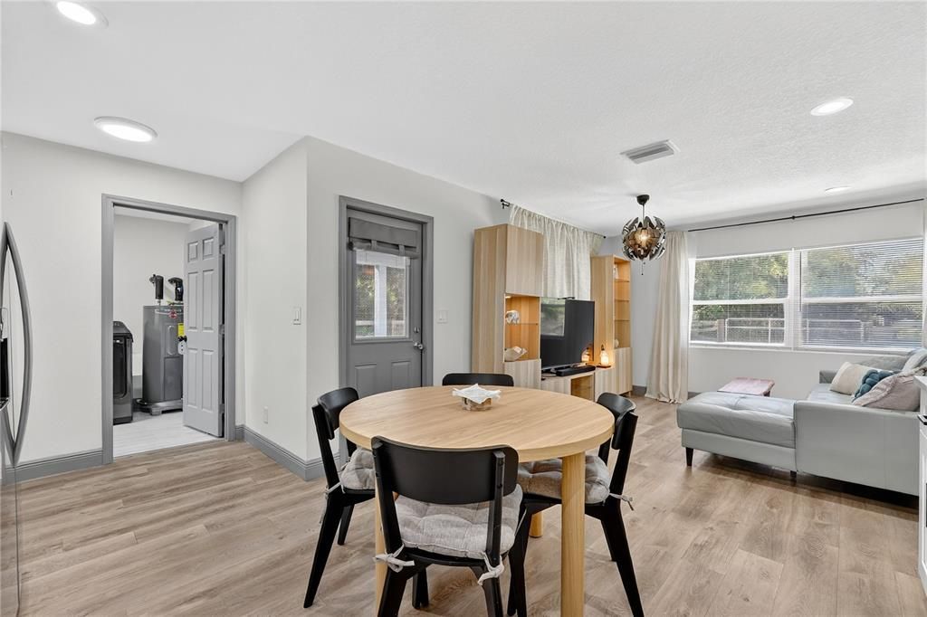 Dining room, Interior, Living room, Pendant Lights, Recessed Lighting, Wood Texture Flooring