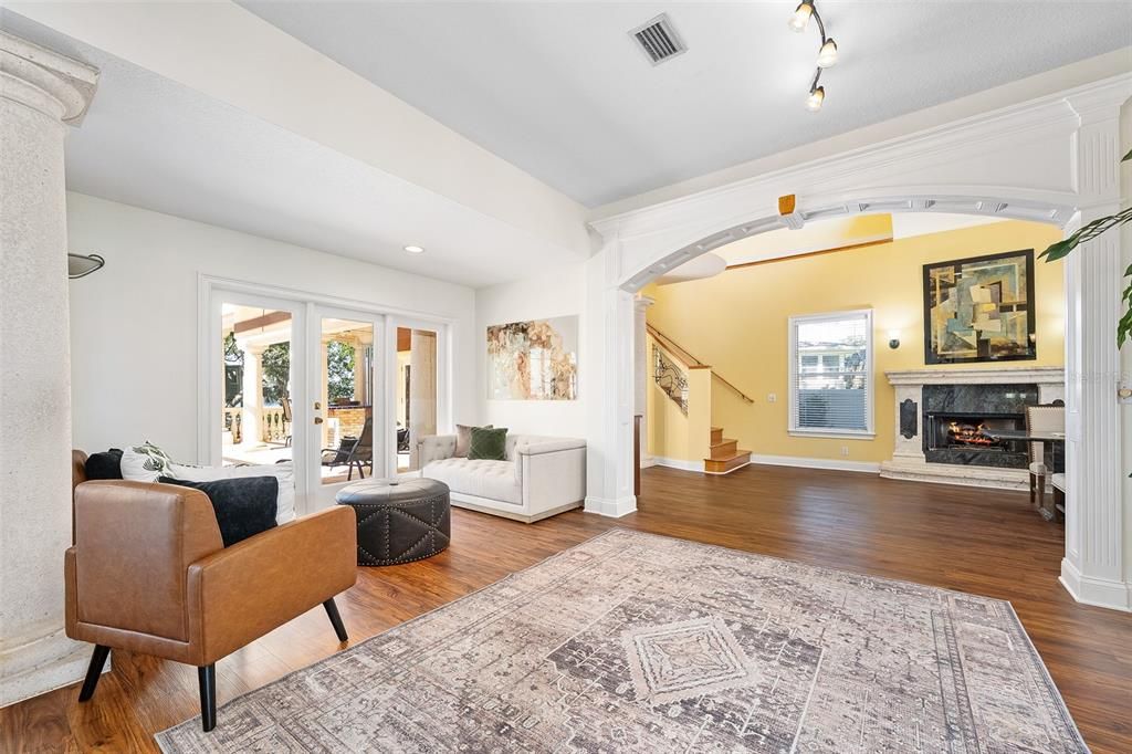 Fireplace, Interior, Living room, Recessed Lighting, Wood Texture Flooring