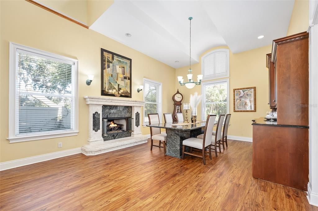 Chandelier, Dining room, Fireplace, Interior, Pendant Lights, Recessed Lighting, Wood Texture Flooring