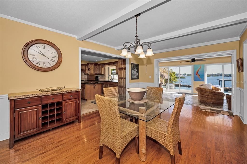 Chandelier, Dining room, Interior, Kitchen, Pendant Lights, Recessed Lighting, Water, Wood Texture Flooring