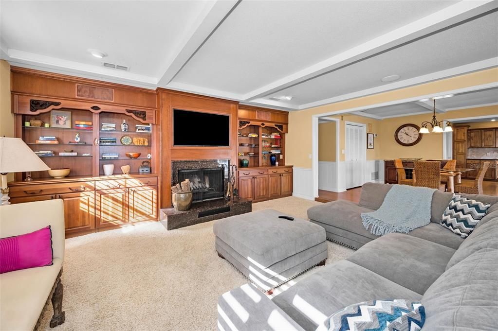 Dining room, Fireplace, Interior, Living room, Pendant Lights, Recessed Lighting, Wooden Walls