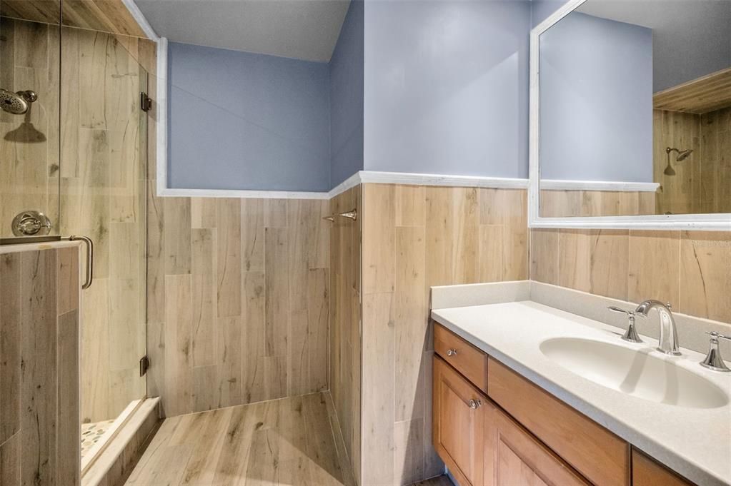 Bathroom, Glass Shower, Interior, Wood Texture Flooring, Wooden Walls