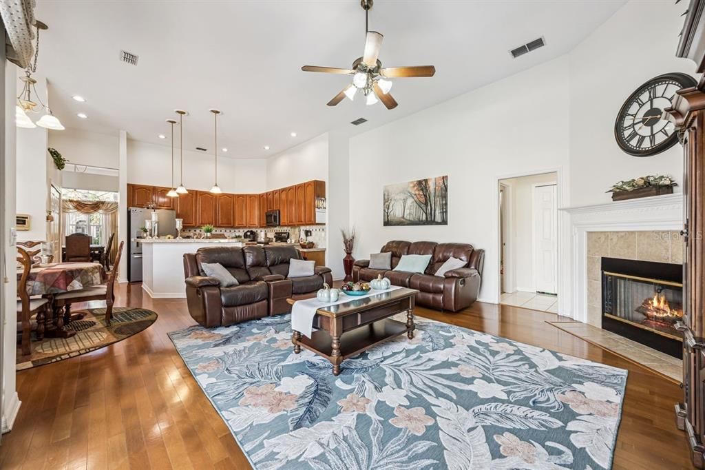 Dining room, Fireplace, Interior, Kitchen, Living room, Pendant Lights, Recessed Lighting, Wood Texture Flooring