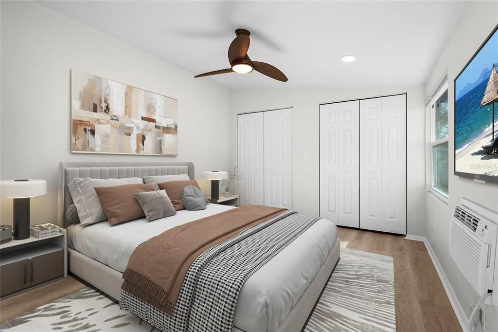 Bedroom, Interior, Recessed Lighting, Wood Texture Flooring