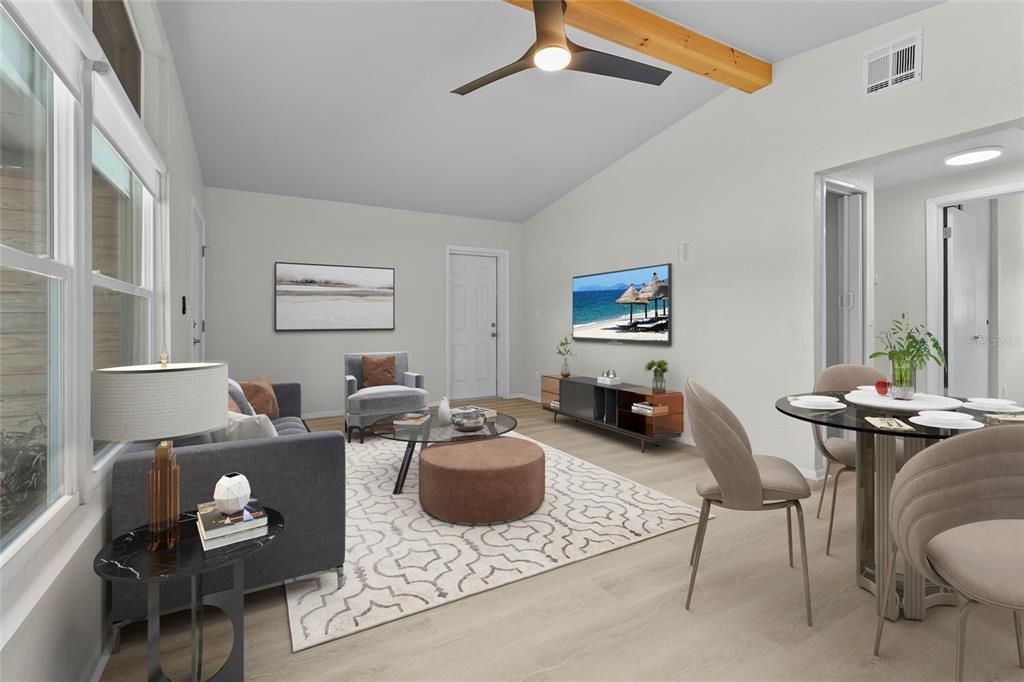 Dining room, Interior, Living room, Water, Wooden Beams, Wood Texture Flooring