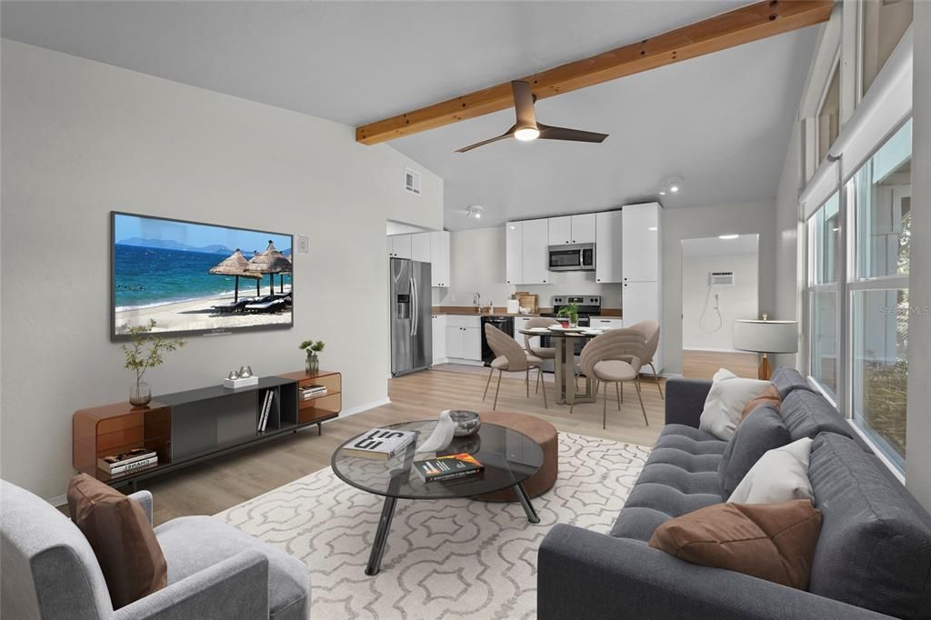 Dining room, Interior, Kitchen, Living room, Recessed Lighting, Stainless Steel Appliances, Wooden Beams, Wood Texture Flooring