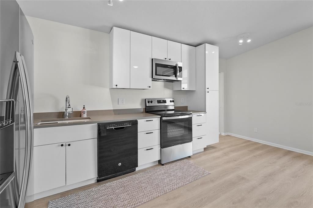 Interior, Kitchen, Recessed Lighting, Stainless Steel Appliances, Wood Texture Flooring