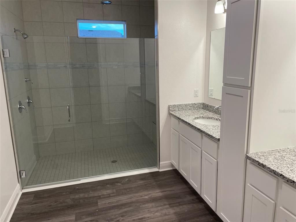 Bathroom, Glass Shower, Interior, Wood Texture Flooring