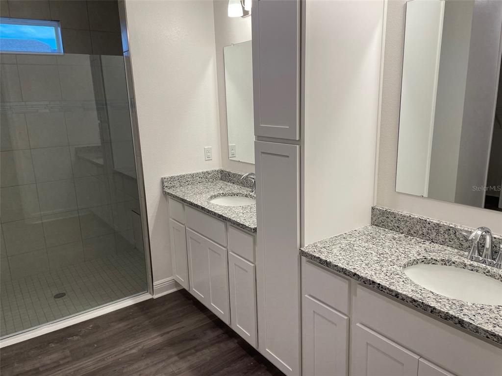 Bathroom, Dual Sink Vanities, Glass Shower, Interior, Wood Texture Flooring
