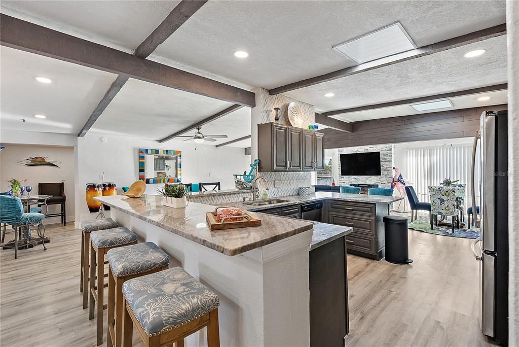 Dining room, Interior, Kitchen, Recessed Lighting, Wooden Beams, Wood Texture Flooring