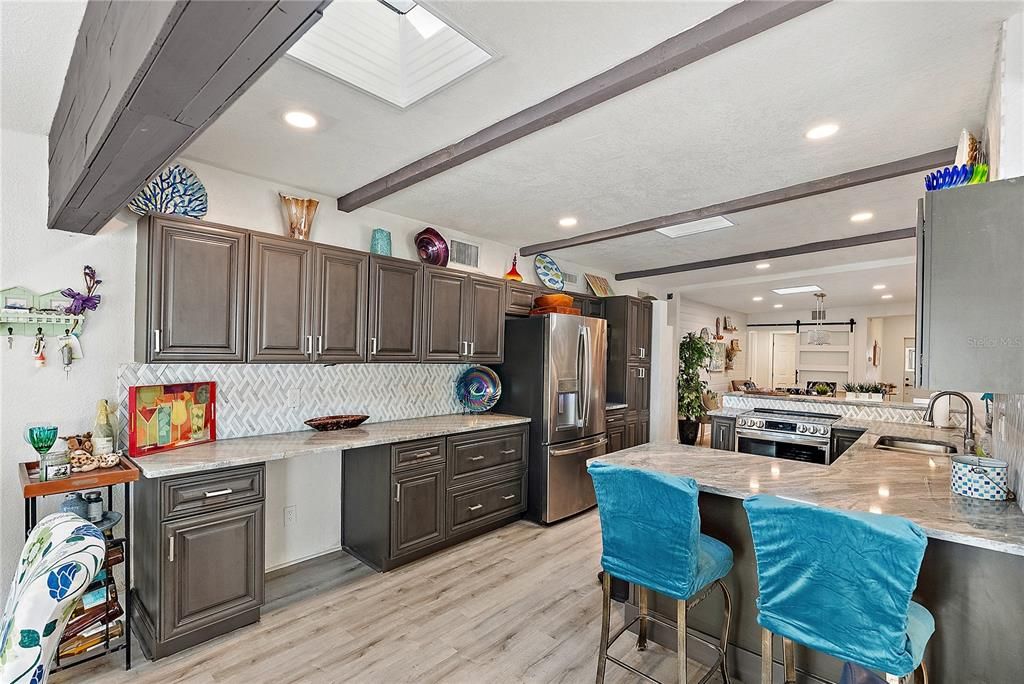 Interior, Kitchen, Recessed Lighting, Stainless Steel Appliances, Wooden Beams, Wood Texture Flooring