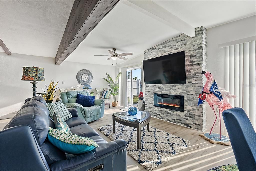 Fireplace, Interior, Living room, Stone Walls, Wooden Beams, Wood Texture Flooring