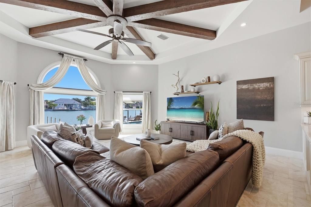 Interior, Living room, Recessed Lighting, Water, Wooden Beams