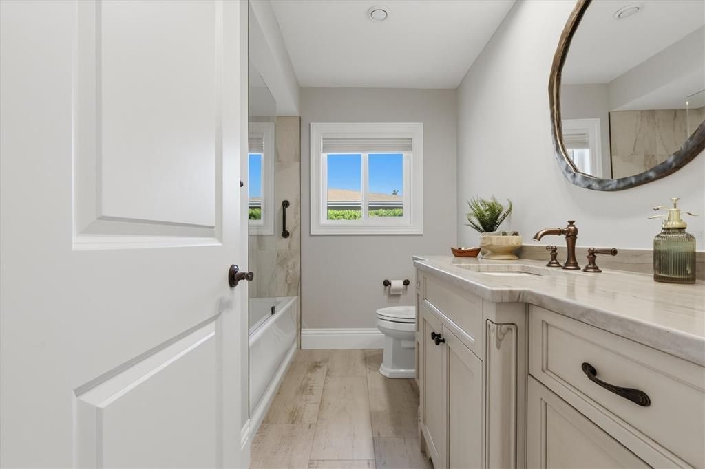 Bathroom, Interior, Recessed Lighting, Wood Texture Flooring
