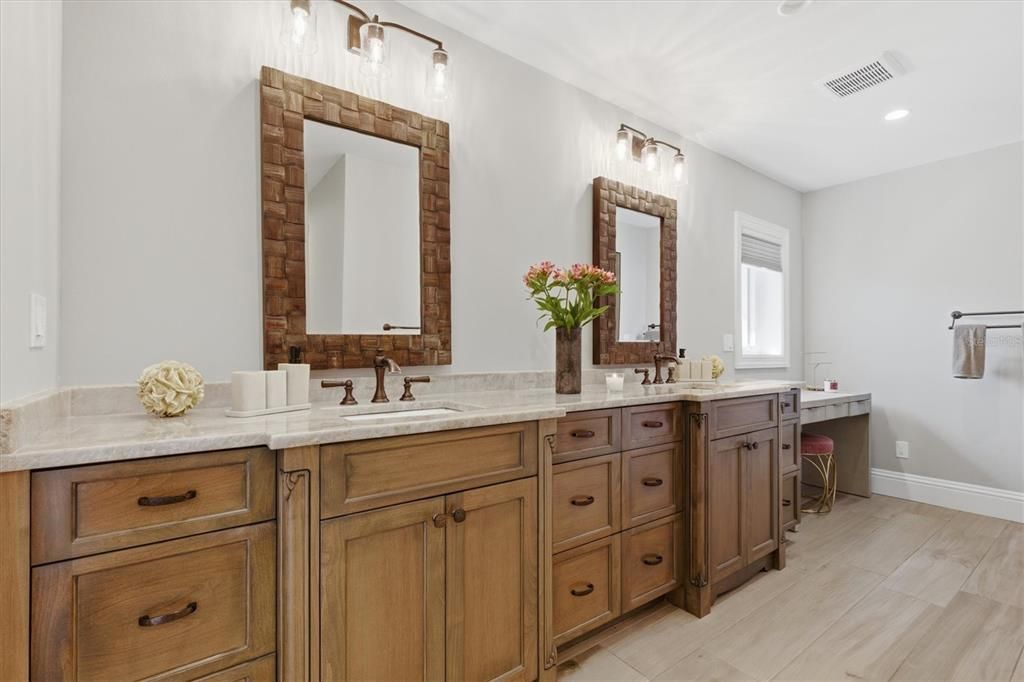 Bathroom, Dual Sink Vanities, Interior, Recessed Lighting, Wood Texture Flooring