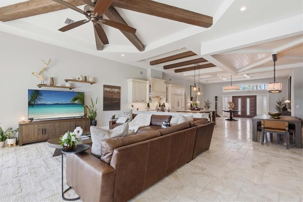 Dining room, Interior, Kitchen, Living room, Pendant Lights, Recessed Lighting, Wooden Beams