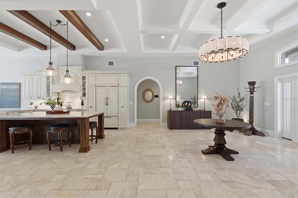 Chandelier, Interior, Kitchen, Pendant Lights, Recessed Lighting, Wooden Beams