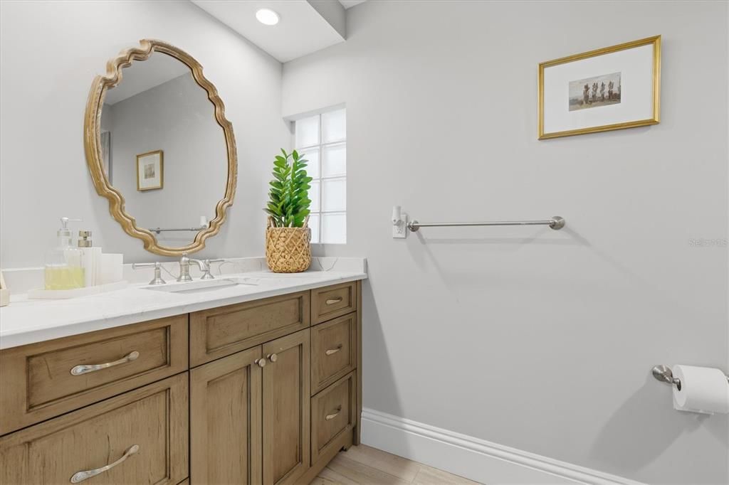 Bathroom, Interior, Recessed Lighting, Wood Texture Flooring