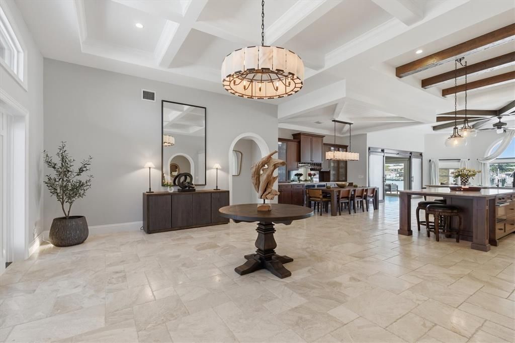 Chandelier, Dining room, Interior, Pendant Lights, Recessed Lighting, Wooden Beams