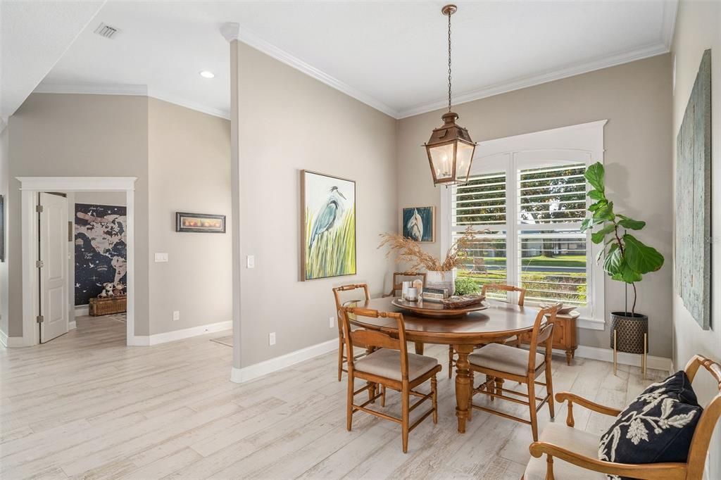 Dining room, Interior, Pendant Lights, Recessed Lighting, Wood Texture Flooring