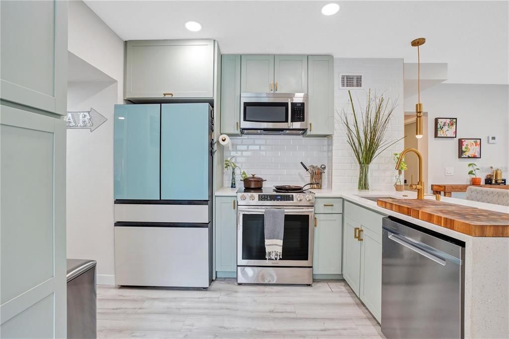 Interior, Kitchen, Pendant Lights, Recessed Lighting, Stainless Steel Appliances, Wood Texture Flooring