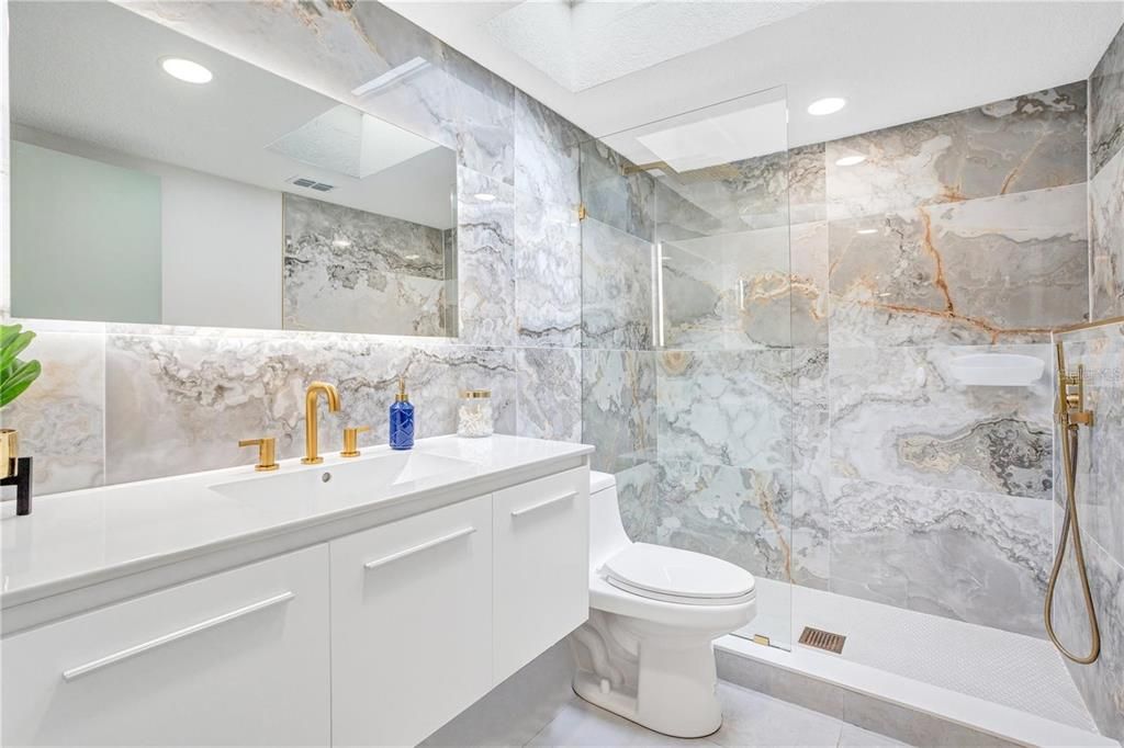 Bathroom, Glass Shower, Interior, Marble Walls, Recessed Lighting