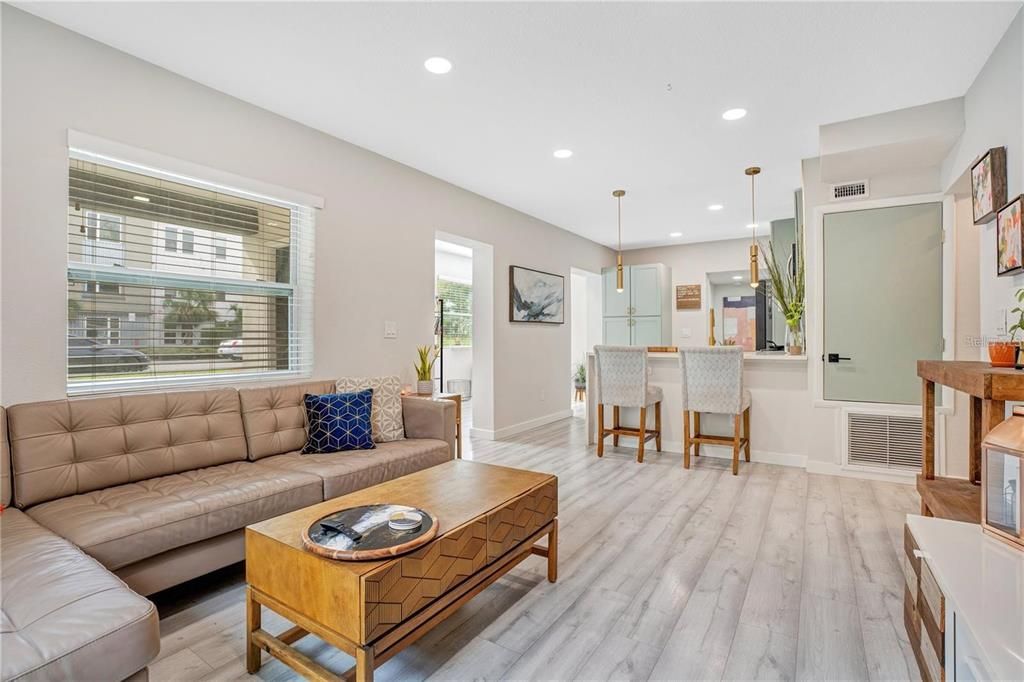 Interior, Kitchen, Living room, Pendant Lights, Recessed Lighting, Wood Texture Flooring