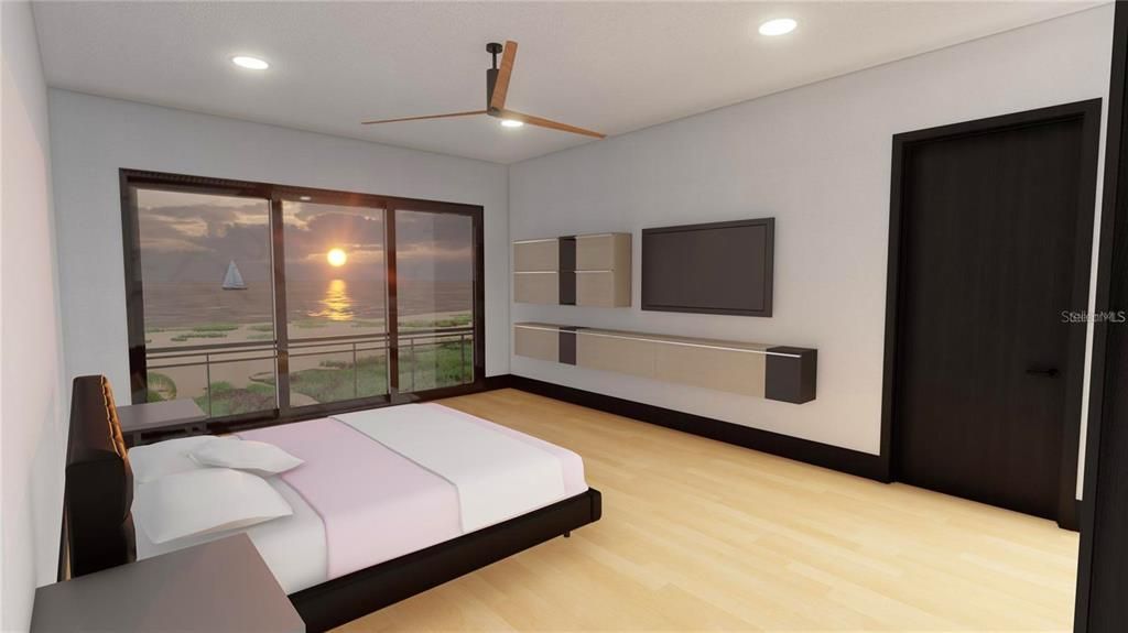 Bedroom, Interior, Recessed Lighting, Water, Wood Texture Flooring